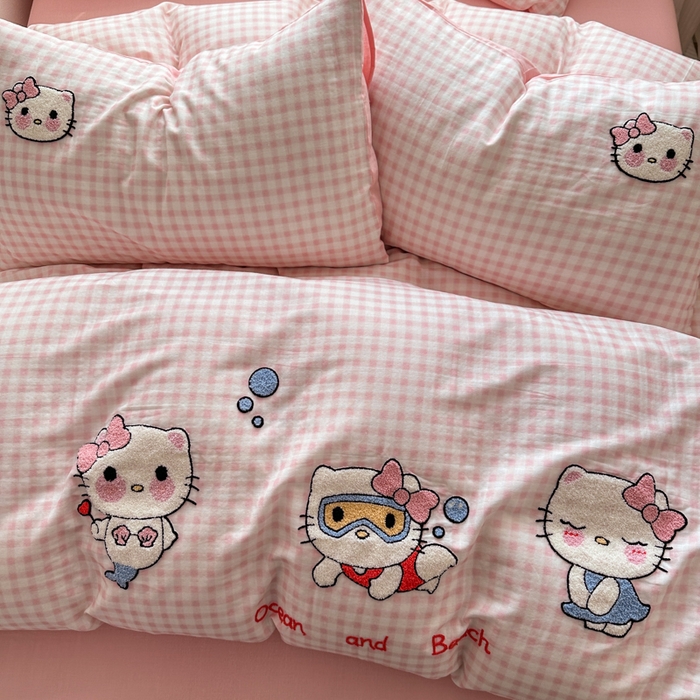 91家纺网 家纺一手货源 找家纺 如意朵 2025新款全棉双层纱小清新绣花四件套（专版花型） 猫咪派对