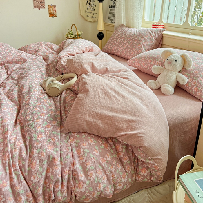 91家纺网 家纺一手货源 找家纺 一比一 2026新款云感皱皱双层纱四件套-简单款 水墨丹青红