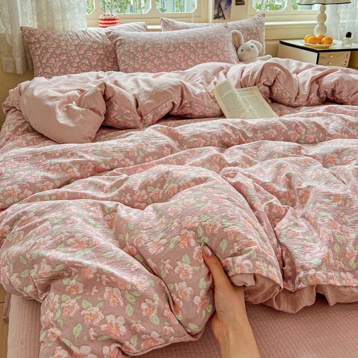 91家纺网 家纺一手货源 找家纺 一比一 2026新款云感皱皱双层纱四件套-简单款 水墨丹青红