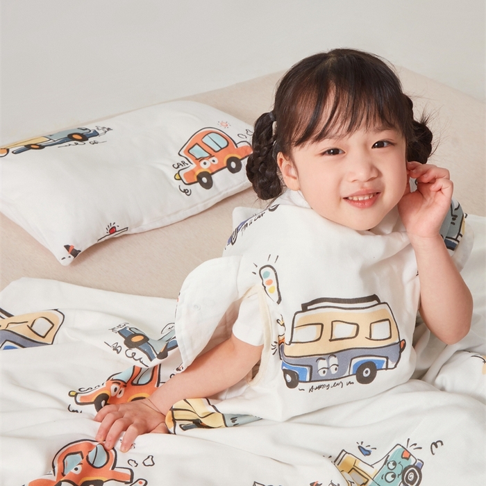 91家纺网 家纺一手货源 找家纺 艾佳宝贝 2025A类全棉纱布护肚防踢睡袋多功能盖毯宝宝夏被 巴士汽车