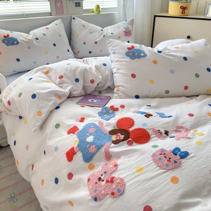 91家纺网 家纺一手货源 找家纺 如意朵 2025新款全棉双层纱小清新绣花四件套（专版花型） 快乐女孩