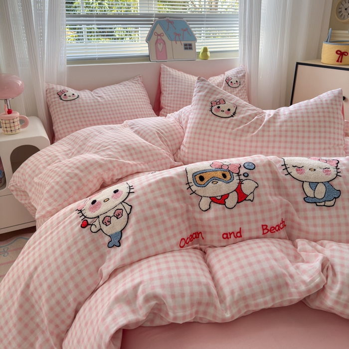 91家纺网 家纺一手货源 找家纺 如意朵 2025新款全棉双层纱小清新绣花四件套（专版花型） 猫咪派对