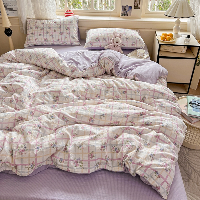 91家纺网 家纺一手货源 找家纺 一比一 2026新款云感皱皱双层纱四件套-简单款 时恋