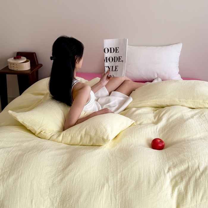 91家纺网 家纺一手货源 找家纺 山舍家居 2025新款皱皱双层纱纯色四件套 春日野芒