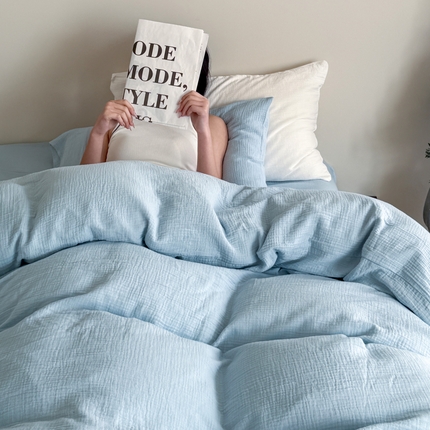 山舍家居 2025新款皱皱双层纱纯色四件套 冰河蓝