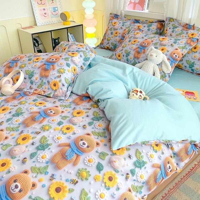 91家纺网 家纺一手货源 找家纺 恋之语 2025新款数码印花四件套卡通款 小熊向日葵