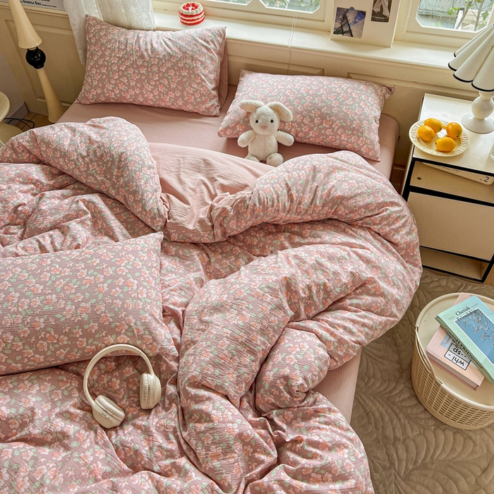 91家纺网 家纺一手货源 找家纺 一比一 2026新款云感皱皱双层纱四件套-简单款 水墨丹青红