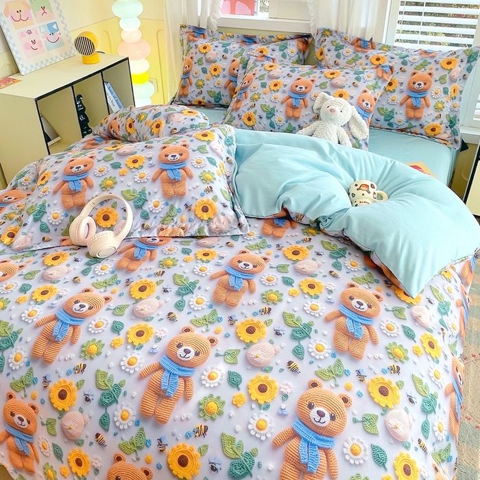 91家纺网 家纺一手货源 找家纺 恋之语 2025新款数码印花四件套卡通款 小熊向日葵