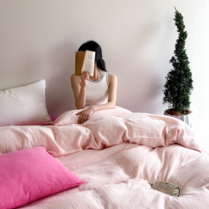 山舍家居 2025新款皱皱双层纱纯色四件套 蔷薇小姐