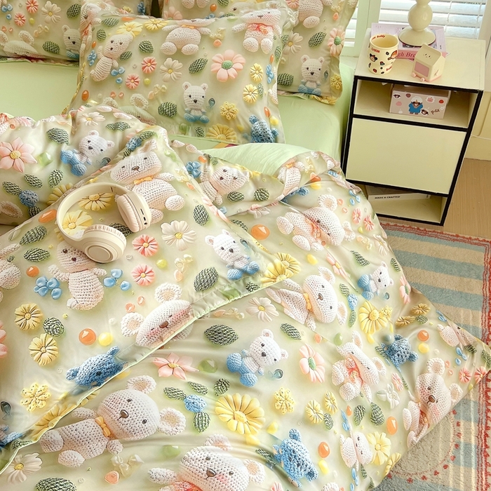 91家纺网 家纺一手货源 找家纺 恋之语 2025新款数码印花四件套卡通款 小熊花园