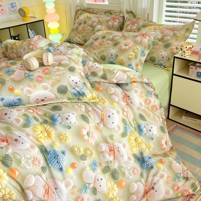 91家纺网 家纺一手货源 找家纺 恋之语 2025新款数码印花四件套卡通款 小熊花园