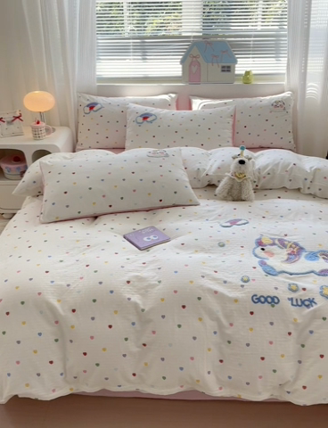 91家纺网 家纺一手货源 找家纺 如意朵 2025新款全棉双层纱小清新绣花四件套（专版花型） 彩虹小马