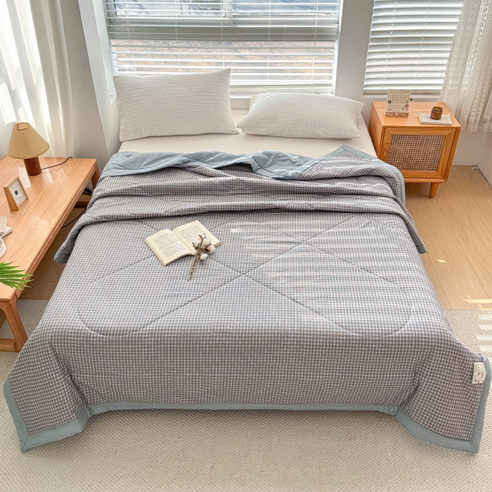 91家纺网 家纺一手货源 找家纺 棉乐町家居 2025新款里外全棉手包边棉花夏被 细灰条