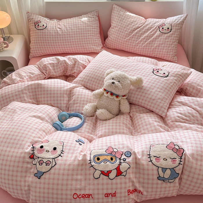 91家纺网 家纺一手货源 找家纺 如意朵 2025新款全棉双层纱小清新绣花四件套（专版花型） 猫咪派对