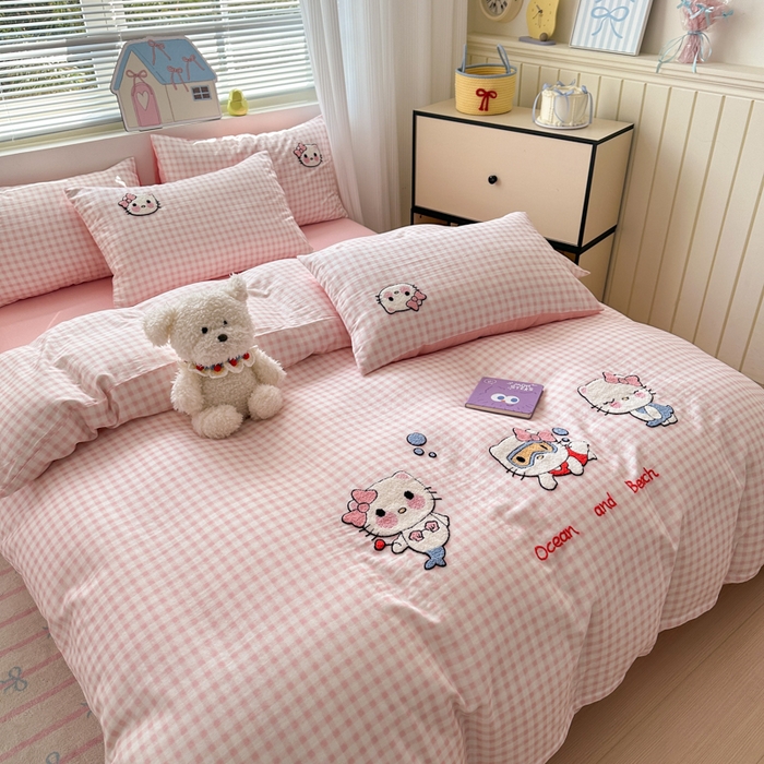 91家纺网 家纺一手货源 找家纺 如意朵 2025新款全棉双层纱小清新绣花四件套（专版花型） 猫咪派对