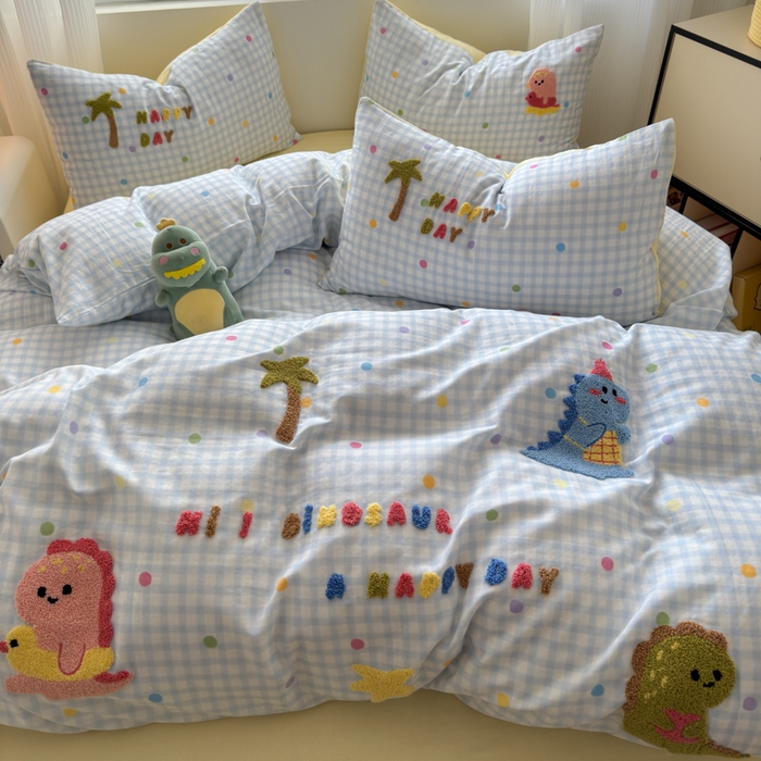 91家纺网 家纺一手货源 找家纺 如意朵 2025新款全棉双层纱小清新绣花四件套（专版花型） 恐龙派对