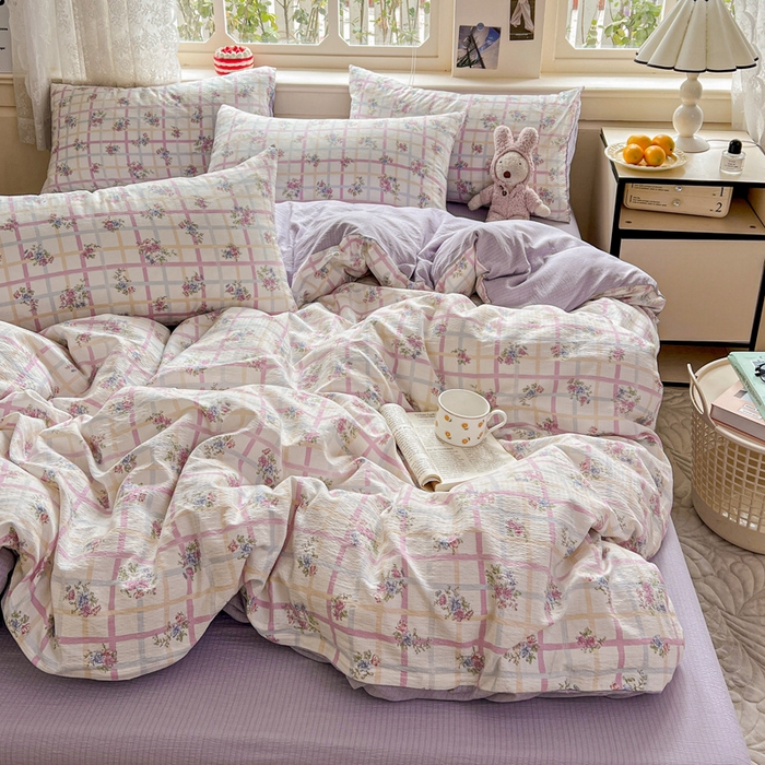 91家纺网 家纺一手货源 找家纺 一比一 2026新款云感皱皱双层纱四件套-简单款 时恋