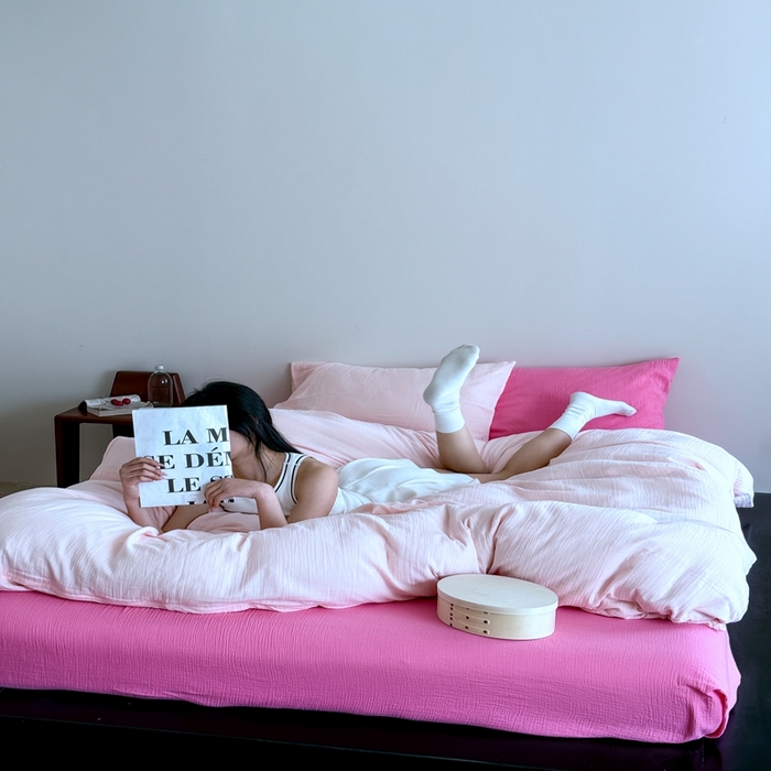 91家纺网 家纺一手货源 找家纺 （总）山舍家居 2025新款皱皱双层纱纯色四件套