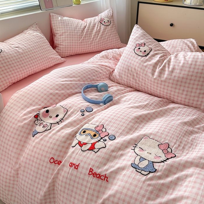 91家纺网 家纺一手货源 找家纺 如意朵 2025新款全棉双层纱小清新绣花四件套（专版花型） 猫咪派对