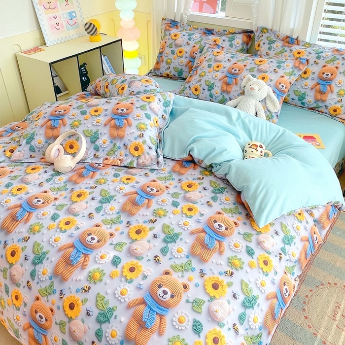 91家纺网 家纺一手货源 找家纺 恋之语 2025新款数码印花四件套卡通款 小熊向日葵