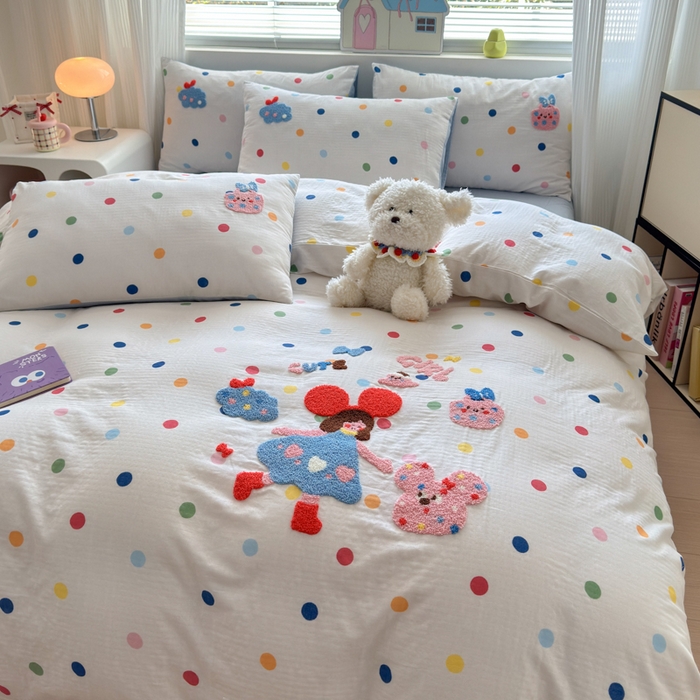 91家纺网 家纺一手货源 找家纺 如意朵 2025新款全棉双层纱小清新绣花四件套（专版花型） 快乐女孩