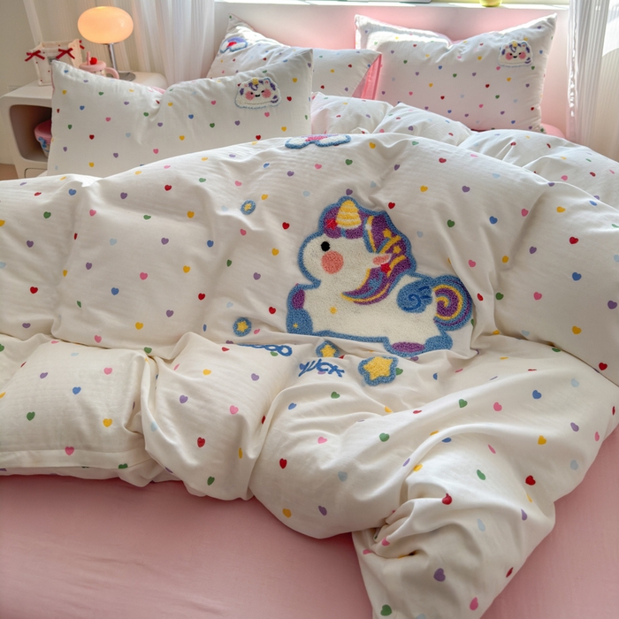 91家纺网 家纺一手货源 找家纺 如意朵 2025新款全棉双层纱小清新绣花四件套（专版花型） 彩虹小马