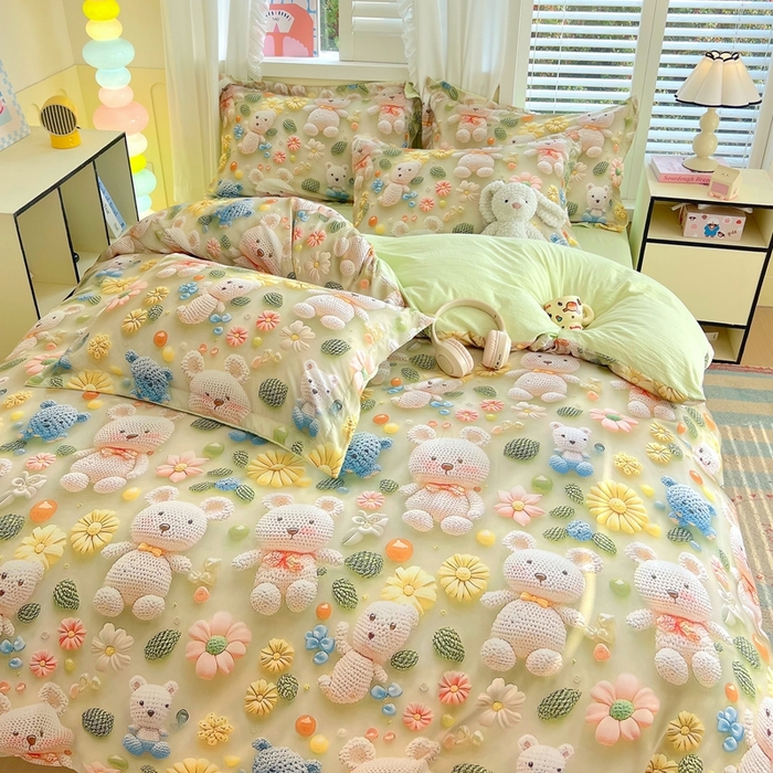 91家纺网 家纺一手货源 找家纺 恋之语 2025新款数码印花四件套卡通款 小熊花园