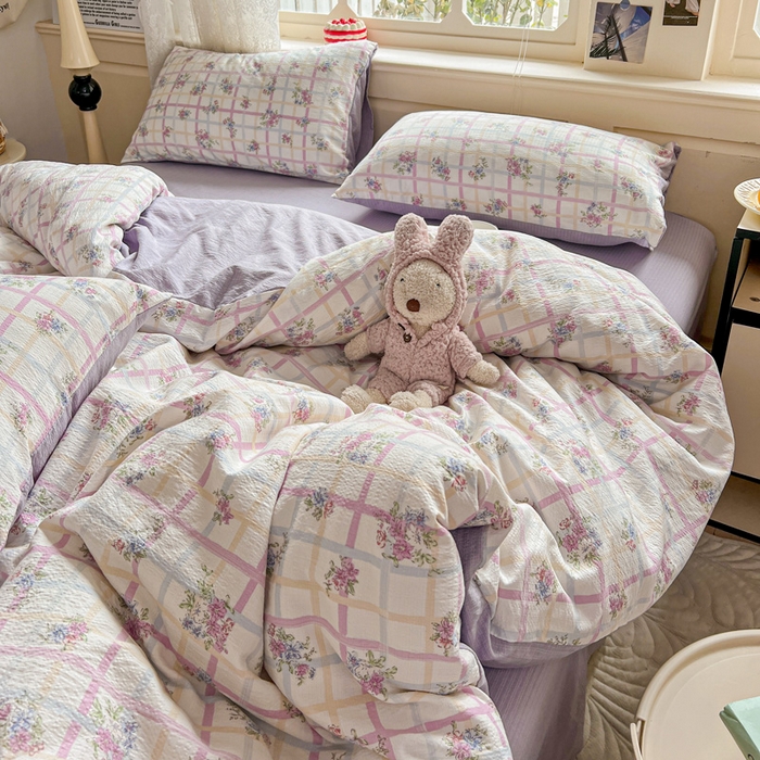 91家纺网 家纺一手货源 找家纺 一比一 2026新款云感皱皱双层纱四件套-简单款 时恋