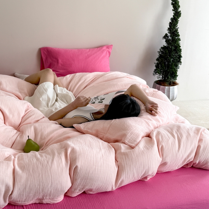 91家纺网 家纺一手货源 找家纺 山舍家居 2025新款皱皱双层纱纯色四件套 蔷薇小姐