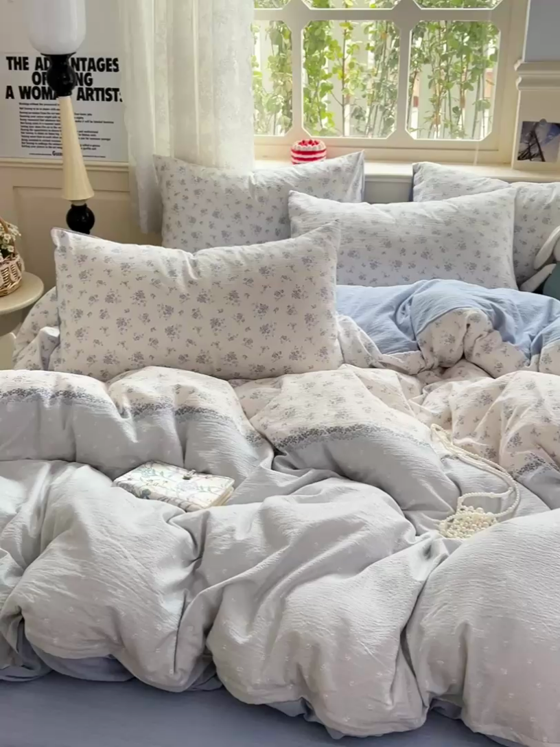 91家纺网 家纺一手货源 找家纺 一比一 2026新款云感皱皱双层纱四件套-简单款 兰黛