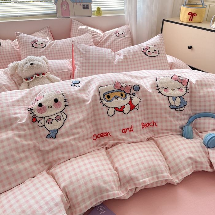 91家纺网 家纺一手货源 找家纺 如意朵 2025新款全棉双层纱小清新绣花四件套（专版花型） 猫咪派对