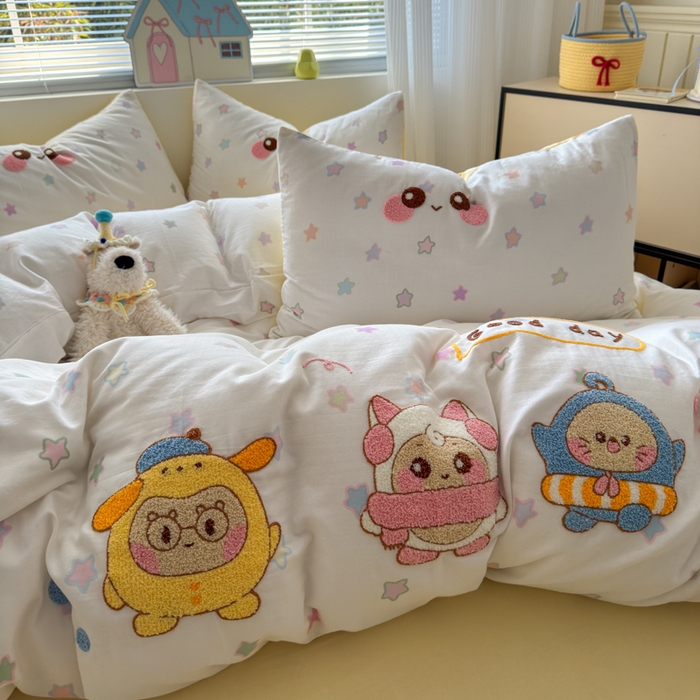 91家纺网 家纺一手货源 找家纺 如意朵 2025新款全棉双层纱小清新绣花四件套（专版花型） 蛋仔派对