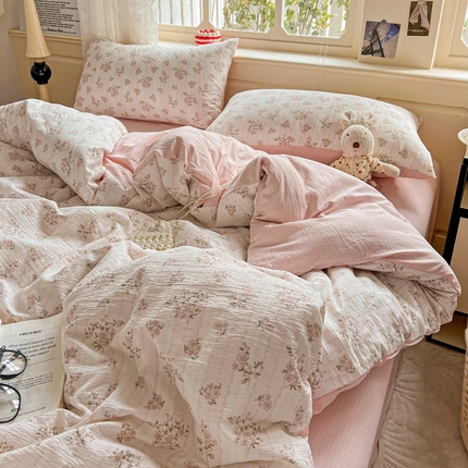 91家纺网 家纺一手货源 找家纺 （总）一比一 2025新款云感皱皱双层纱四件套-简单款