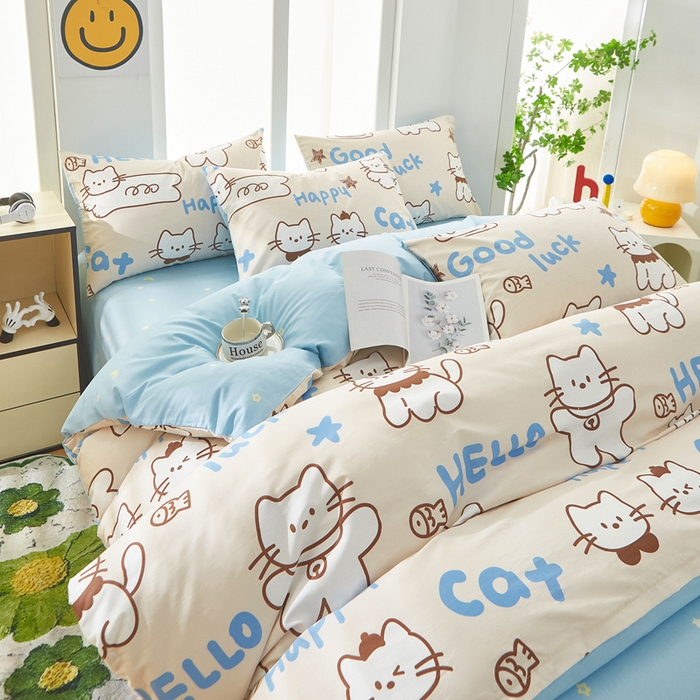 91家纺网 家纺一手货源 找家纺 黛妮雅 2025新款AB版全棉印花床单款全棉四件套 送买家秀 幸运猫咪