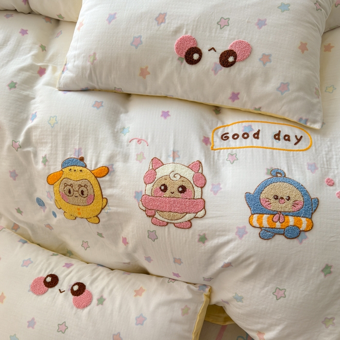 91家纺网 家纺一手货源 找家纺 如意朵 2025新款全棉双层纱小清新绣花四件套（专版花型） 蛋仔派对