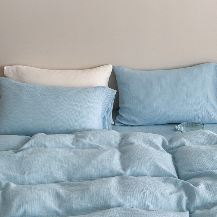 91家纺网 家纺一手货源 找家纺 山舍家居 2025新款皱皱双层纱纯色四件套 冰河蓝