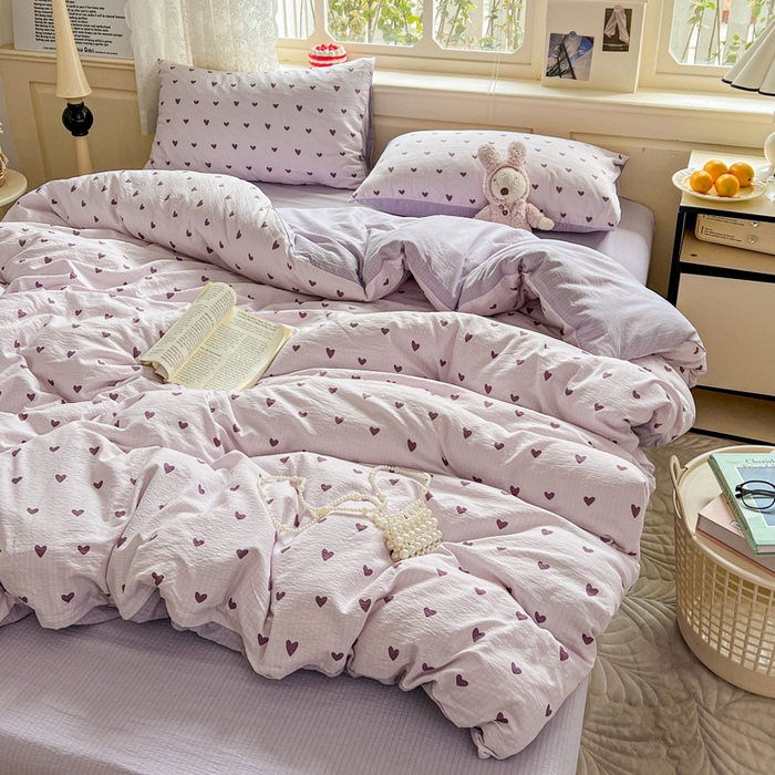 91家纺网 家纺一手货源 找家纺 一比一 2026新款云感皱皱双层纱四件套-简单款 紫爱心