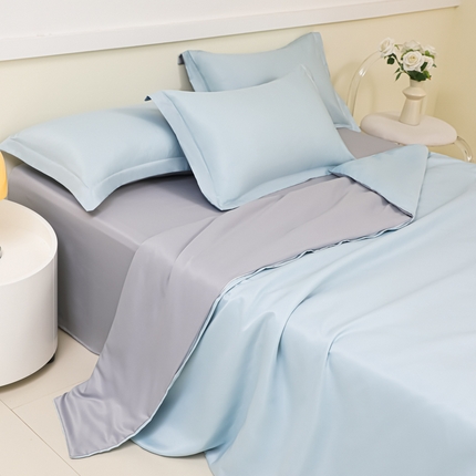 91家纺网 家纺一手货源 找家纺 多乐家纺 2025新款水洗冰丝真丝纯色双拼枕套 天空蓝+浅灰
