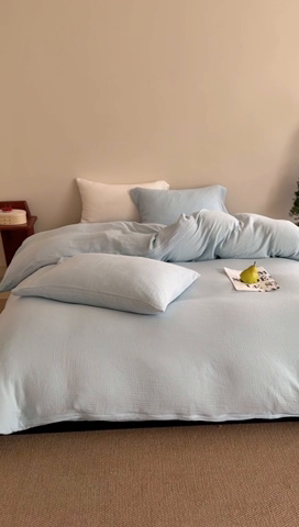 91家纺网 家纺一手货源 找家纺 山舍家居 2025新款皱皱双层纱纯色四件套 海风蓝蓝