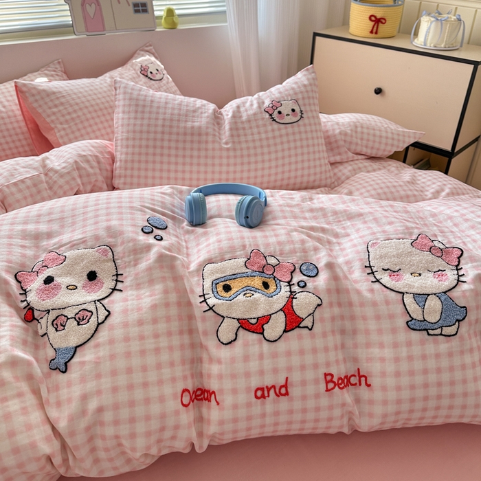 91家纺网 家纺一手货源 找家纺 如意朵 2025新款全棉双层纱小清新绣花四件套（专版花型） 猫咪派对