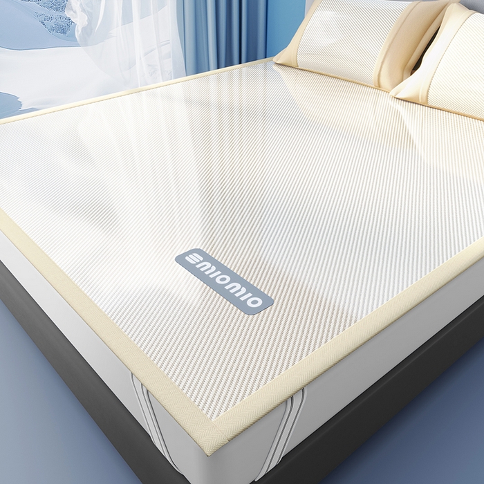 91家纺网 家纺一手货源 找家纺 悠米悠家 2025春夏新款斜纹烫画凉感冰丝席凉席席子 床笠款-米白