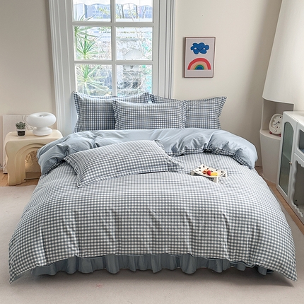 金窝窝家纺 2025新款全棉色织水洗棉床盖四件套 浅兰小格