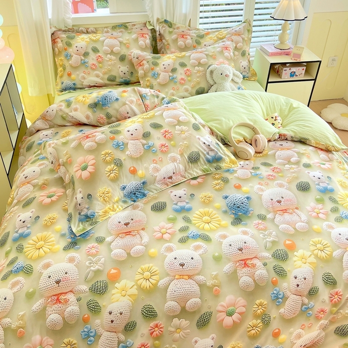 91家纺网 家纺一手货源 找家纺 恋之语 2025新款数码印花四件套卡通款 小熊花园