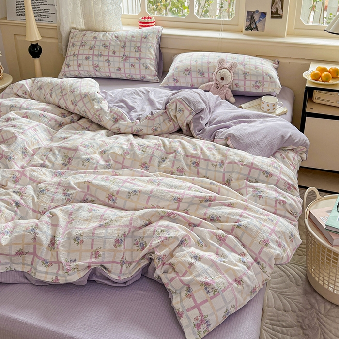 91家纺网 家纺一手货源 找家纺 一比一 2026新款云感皱皱双层纱四件套-简单款 时恋