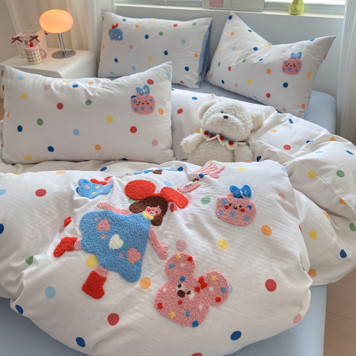 91家纺网 家纺一手货源 找家纺 如意朵 2025新款全棉双层纱小清新绣花四件套（专版花型） 快乐女孩