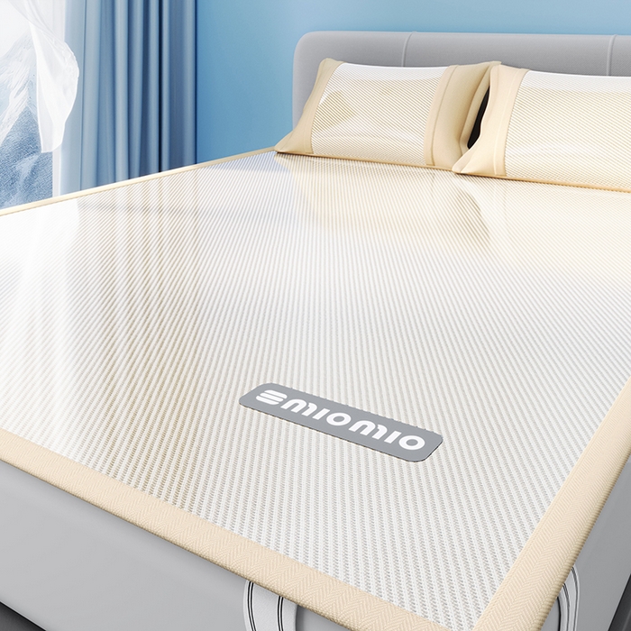 91家纺网 家纺一手货源 找家纺 悠米悠家 2025春夏新款斜纹烫画凉感冰丝席凉席席子 床笠款-米白