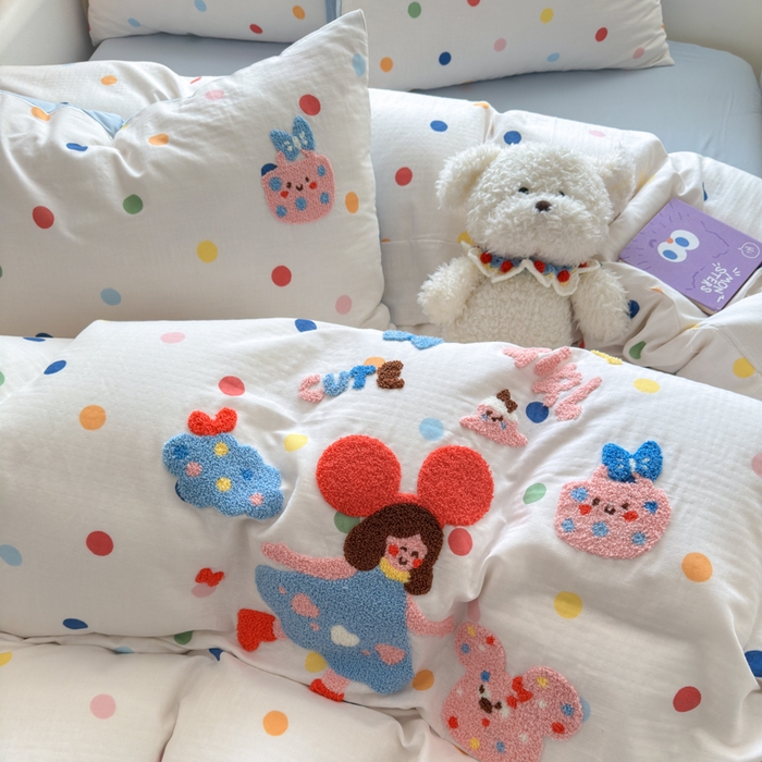 91家纺网 家纺一手货源 找家纺 如意朵 2025新款全棉双层纱小清新绣花四件套（专版花型） 快乐女孩