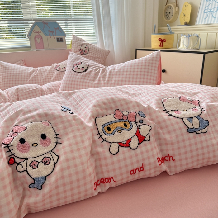 91家纺网 家纺一手货源 找家纺 如意朵 2025新款全棉双层纱小清新绣花四件套（专版花型） 猫咪派对