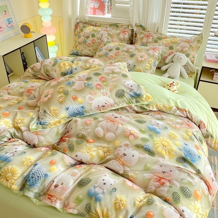 91家纺网 家纺一手货源 找家纺 恋之语 2025新款数码印花四件套卡通款 小熊花园