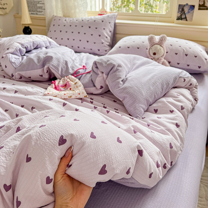 91家纺网 家纺一手货源 找家纺 一比一 2026新款云感皱皱双层纱四件套-简单款 紫爱心